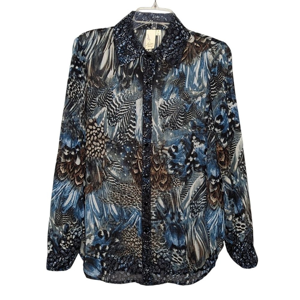 Lavender & Honey sheer long sleeve‎ button up feather animal print blouse size M